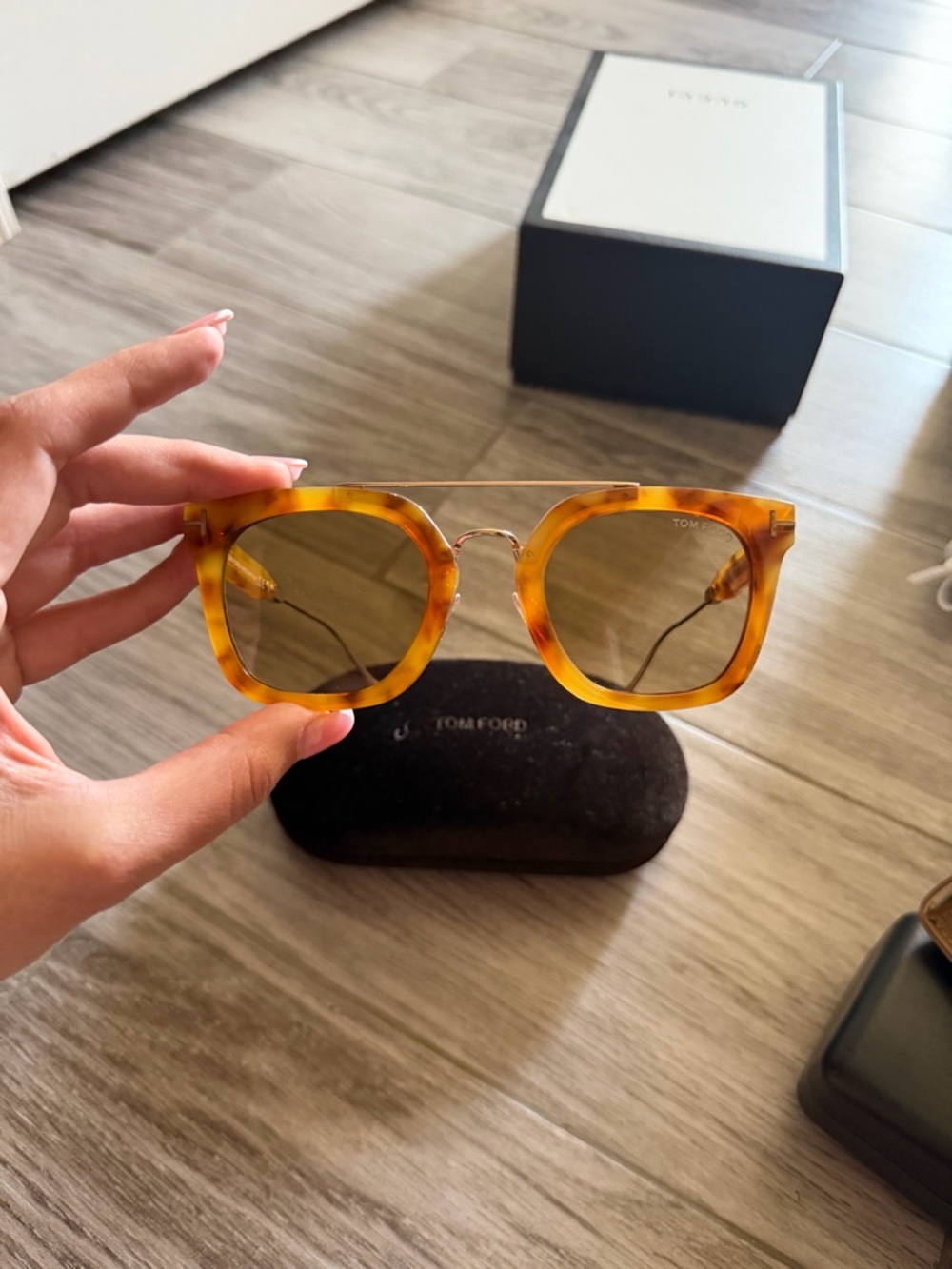 Tom Ford Tortoiseshell Acetate Sunglasses with Gold Brow and Amber Lenses